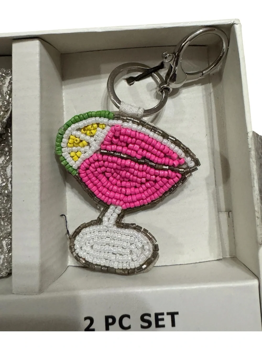 Rachel Zoe Silver Beaded Card Case with Pink & Yellow Cocktail Charm. NWT.